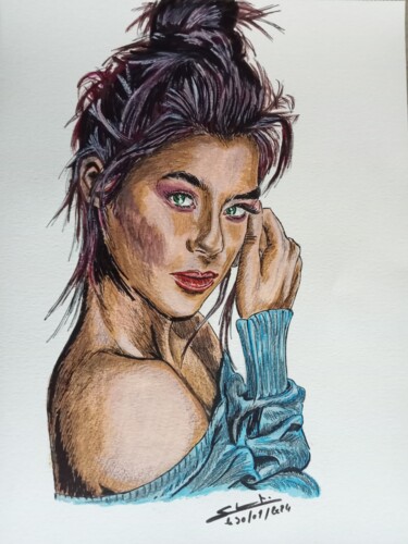Desenho intitulada "Peinture de femme r…" por Gilles Staub (LeCrayonAgile), Obras de arte originais, Caneta de gel
