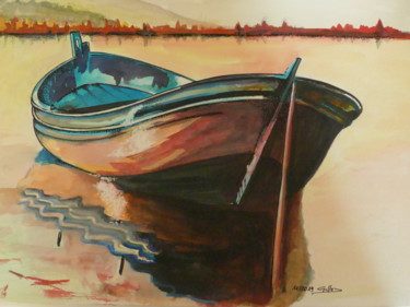 Painting titled "barque bleue au rep…" by Gilles Thoueilles, Original Artwork, Ink