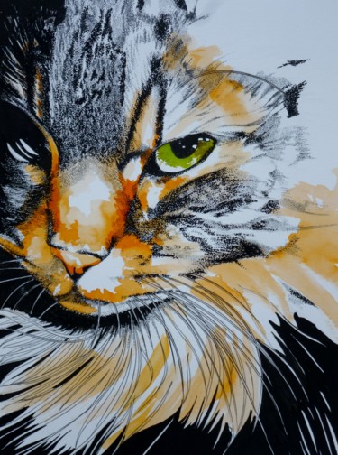 Peinture intitulée "chat ténébreux" par Gilles Thoueilles, Œuvre d'art originale, Encre