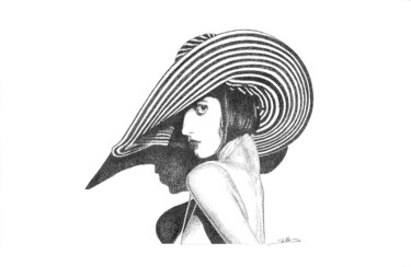 Drawing titled "la femme au chapeau" by Gilles Thoueilles, Original Artwork, Ink