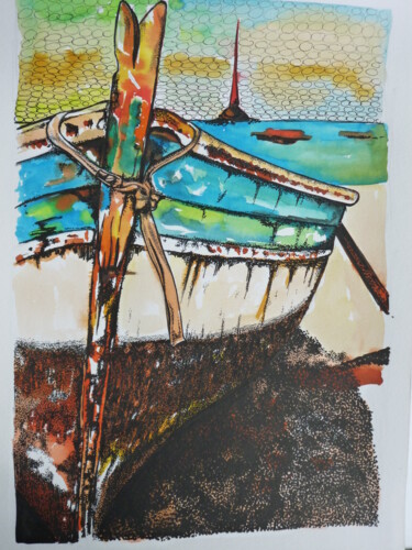 Painting titled "pinasse au port" by Gilles Thoueilles, Original Artwork, Ink