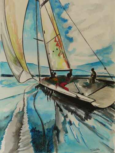 Painting titled "toutes voiles dehors" by Gilles Thoueilles, Original Artwork, Ink