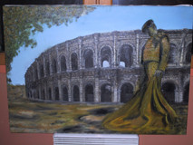 Painting titled "Arène de Nimes et N…" by Gilles Bictel, Original Artwork, Oil