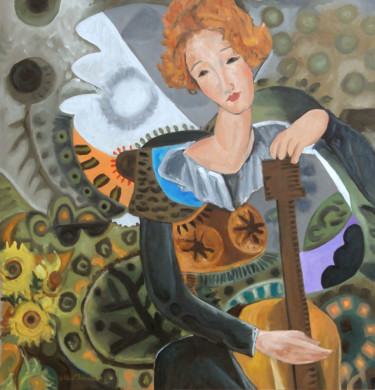 Peinture intitulée "Femme à la guitare" par Gilles Chambon, Œuvre d'art originale, Huile