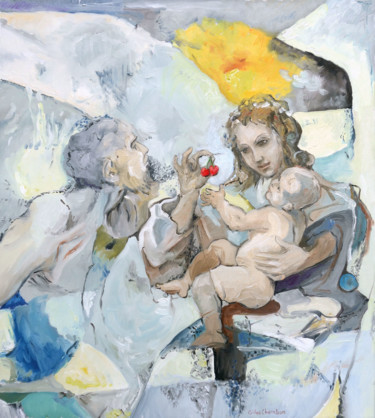 Картина под названием "Vierge aux cerises" - Gilles Chambon, Подлинное произведение искусства, Масло Установлен на Деревянна…