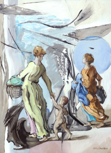 Malerei mit dem Titel "Les lavandières" von Gilles Chambon, Original-Kunstwerk, Öl
