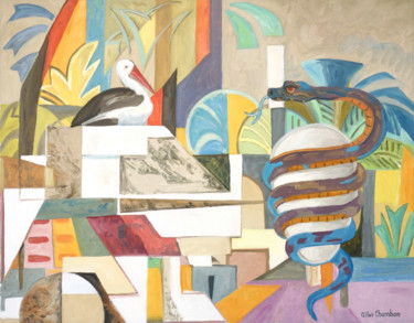 Pintura intitulada "Eurynomé, Ophion, e…" por Gilles Chambon, Obras de arte originais, Óleo Montado em Armação em madeira