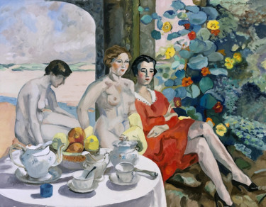 Painting titled "Goûter synchronisti…" by Gilles Chambon, Original Artwork, Oil Mounted on Wood Stretcher frame