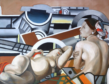 Painting titled "Les temps modernes" by Gilles Chambon, Original Artwork, Oil Mounted on Wood Stretcher frame