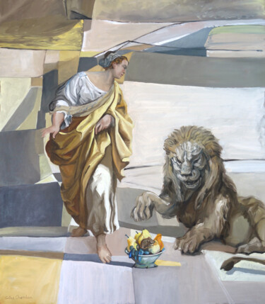 Painting titled "La Sainte, le lion,…" by Gilles Chambon, Original Artwork, Oil Mounted on Wood Stretcher frame