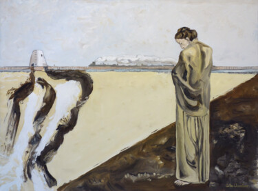 Schilderij getiteld "L'attente" door Gilles Chambon, Origineel Kunstwerk, Olie Gemonteerd op Frame voor houten brancard