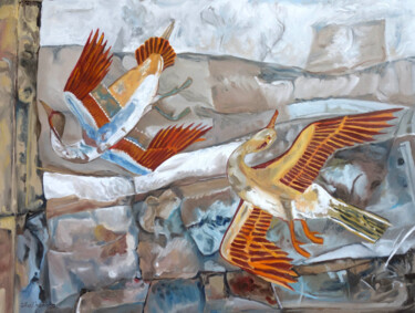 Painting titled "Les oiseaux d'Hatch…" by Gilles Chambon, Original Artwork, Oil Mounted on Wood Stretcher frame