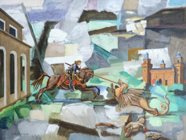 Painting titled "Chevalier contre dr…" by Gilles Chambon, Original Artwork, Oil Mounted on Wood Stretcher frame