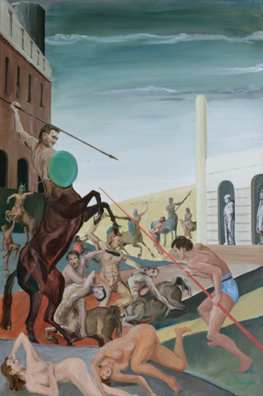Painting titled "Le combat des Centa…" by Gilles Chambon, Original Artwork, Oil