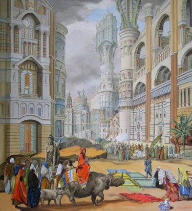 Malarstwo zatytułowany „L'entrée à Jérusalem” autorstwa Gilles Chambon, Oryginalna praca, Olej