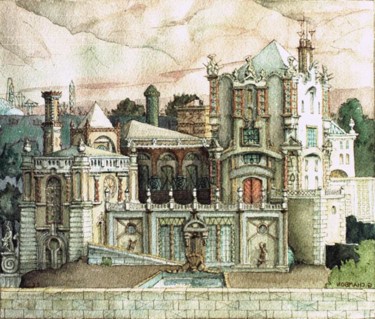 Malerei mit dem Titel "Palais d'automne" von Gilles Chambon, Original-Kunstwerk, Aquarell