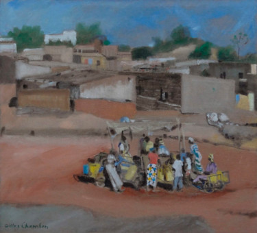Peinture intitulée "Point d'eau à Bamak…" par Gilles Chambon, Œuvre d'art originale, Huile