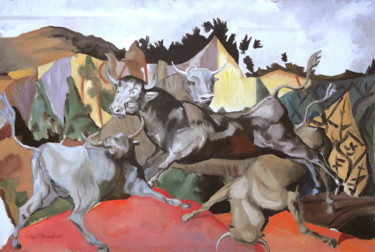 Картина под названием "taureaux jouant à s…" - Gilles Chambon, Подлинное произведение искусства, Масло