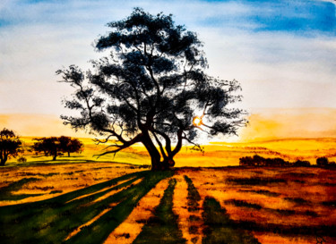 Peinture intitulée "arbre soleil coucha…" par Gilles Mathieu, Œuvre d'art originale, Aquarelle