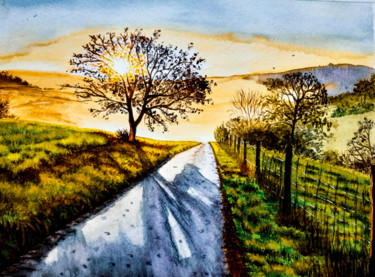 Painting titled "soleil couchant sur…" by Gilles Mathieu, Original Artwork, Watercolor