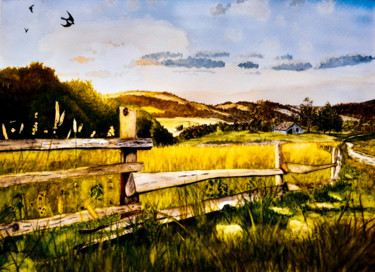 Картина под названием "paysage de campagne…" - Gilles Mathieu, Подлинное произведение искусства, Акварель