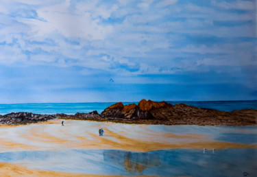 Painting titled "promeneurs plage a…" by Gilles Mathieu, Original Artwork, Watercolor