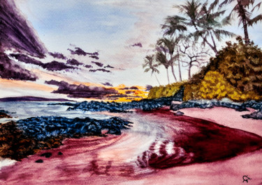 Painting titled "plage tropicale sol…" by Gilles Mathieu, Original Artwork, Watercolor