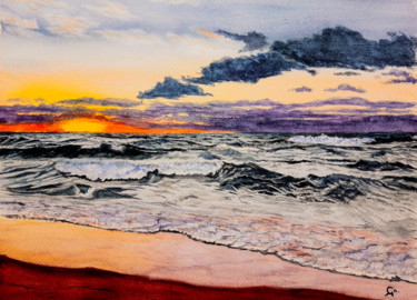 Painting titled "vagues soleil couch…" by Gilles Mathieu, Original Artwork, Watercolor