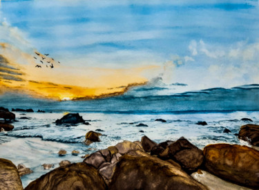 Painting titled "plage bretonne sole…" by Gilles Mathieu, Original Artwork, Watercolor