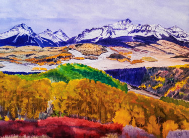 Картина под названием "paysage de montagne…" - Gilles Mathieu, Подлинное произведение искусства, Акварель