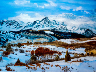 Painting titled "montagnes enneigées" by Gilles Mathieu, Original Artwork, Watercolor