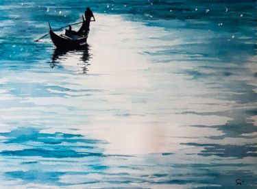Peinture intitulée "Gondole vue du pont…" par Gilles Mathieu, Œuvre d'art originale, Aquarelle