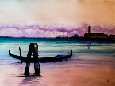Картина под названием "Gondole et lagune d…" - Gilles Mathieu, Подлинное произведение искусства, Акварель