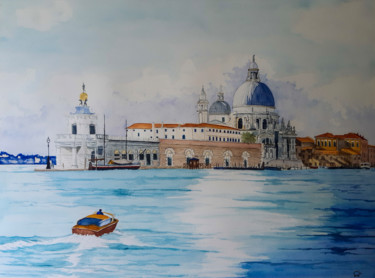 Painting titled "Grand canal et Basi…" by Gilles Mathieu, Original Artwork, Watercolor