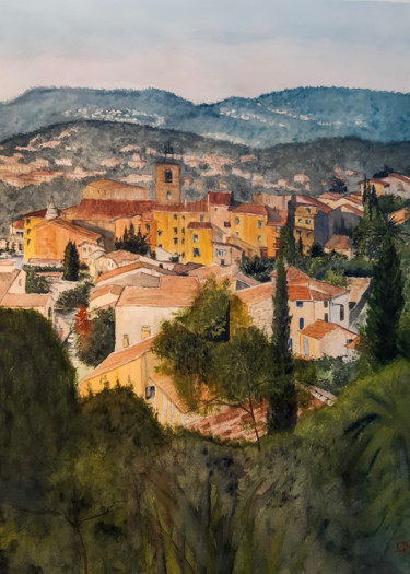 Painting titled "Vieille ville de Hy…" by Gilles Mathieu, Original Artwork, Watercolor