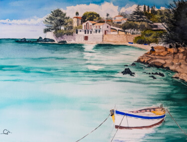 Peinture intitulée "Pointu au mouillage" par Gilles Mathieu, Œuvre d'art originale, Aquarelle