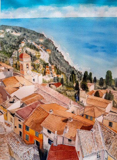 Roquebrune_vue plongeante sur la méditerranée Peinture intitulée "Roquebrune_vue plon…" par Gilles Mathieu, Œuvre d'art originale, Aquarelle