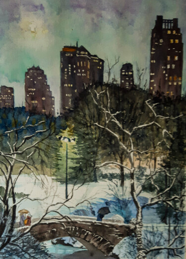 Pittura intitolato "Manhattan night und…" da Gilles Mathieu, Opera d'arte originale, Acquarello