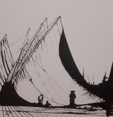 Dessin intitulée "Des voiles" par Gilles Mathieu, Œuvre d'art originale, Encre