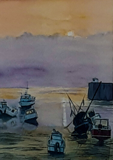 Peinture intitulée "Bateaux à marée bas…" par Gilles Mathieu, Œuvre d'art originale, Aquarelle
