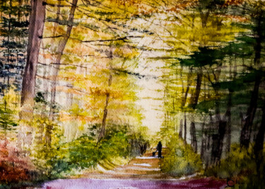 Painting titled "sentier forestier d…" by Gilles Mathieu, Original Artwork, Watercolor