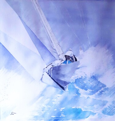 Peinture intitulée "Voilier sur le crêt…" par Gilles Mathieu, Œuvre d'art originale, Aquarelle