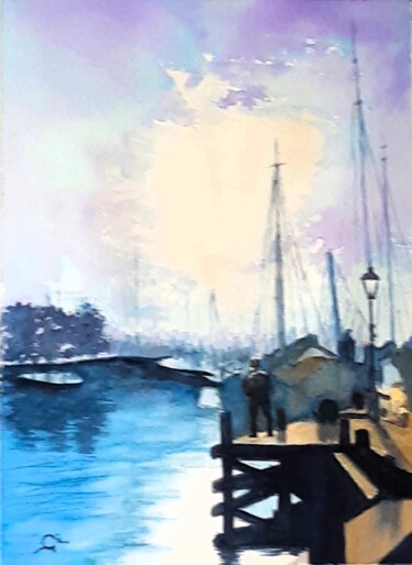 Painting titled "Marina nocturne" by Gilles Mathieu, Original Artwork, Watercolor