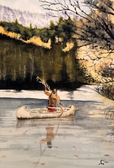 Painting titled "Fishing!" by Gilles Mathieu, Original Artwork, Watercolor