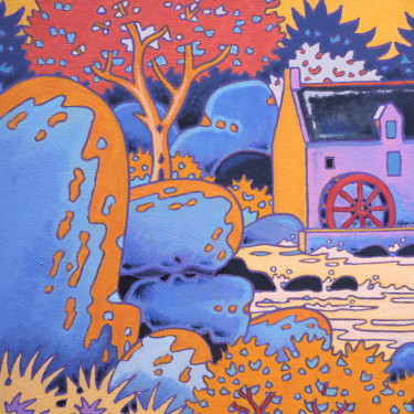 Pintura titulada "Rochers et moulin à…" por Gilles Mével, Obra de arte original, Acrílico Montado en Bastidor de camilla de…