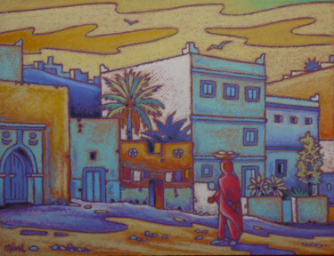 Peinture intitulée "une rue de Sidi Ifni" par Gilles Mével, Œuvre d'art originale, Pastel