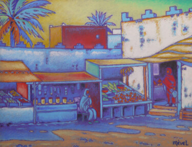 Painting titled "le marché Sidi Ifni" by Gilles Mével, Original Artwork, Pastel Mounted on Wood Stretcher frame