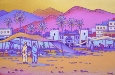 Pittura intitolato "Le souk à Sidi Ifni" da Gilles Mével, Opera d'arte originale, Pastello