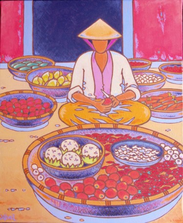 Peinture intitulée "marché viet-nam" par Gilles Mével, Œuvre d'art originale