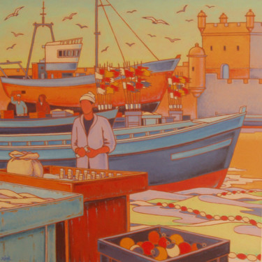 Painting titled "le port d' Essaouira" by Gilles Mével, Original Artwork, Acrylic Mounted on Wood Stretcher frame